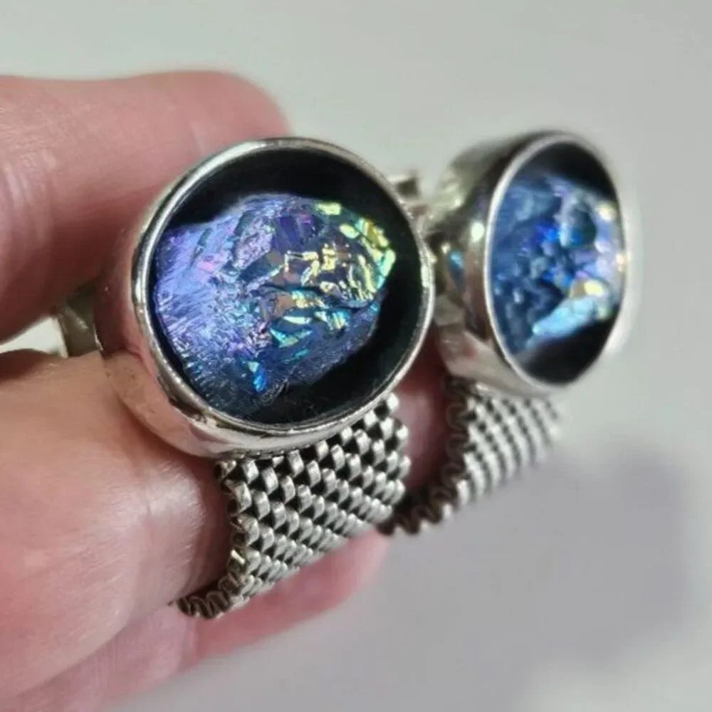 Silver tone lava volcanic glass cufflinks